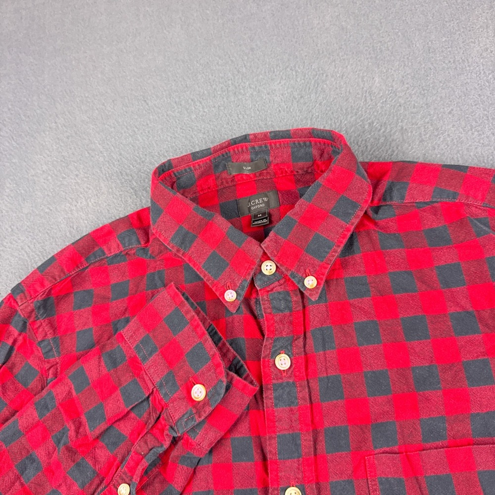 J Crew Oxford Shirt Men's M Red Buffalo Plaid Slim Fit Long Sleeve Button Up